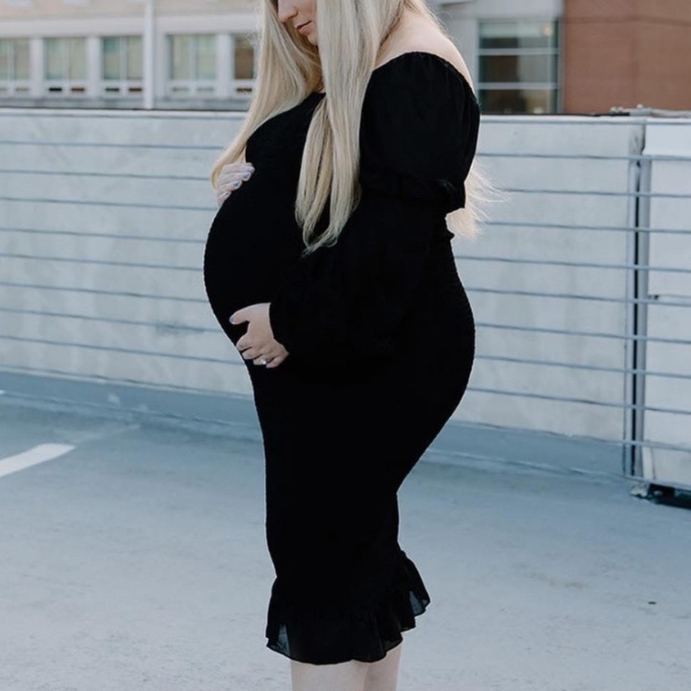 Maternity Black Square Neck‎ Long Sleeve Ruffle Smocked Midi Dress size XL